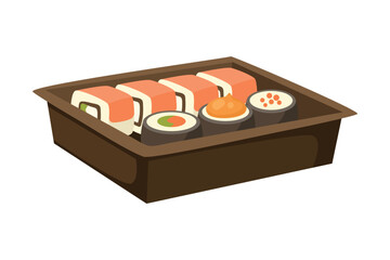 Sushi and Roll in Box Package as Food Delivery Service Vector Illustration
