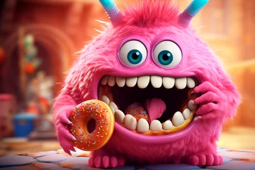 Fotobehang Funny overweight glutton with donut. Cute pink chubby character eating Jelly donut. National Donut Day or Fat Thursday. header for cover, menu, signboard, bakery, advertising © Yuliia