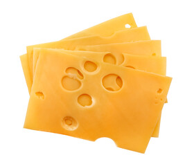 Slices of cheese with holes on a white background. Isolate pieces of cheese. Milk product