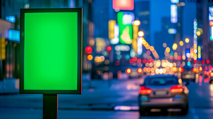 urban night scene with a green screen on a street-side advertising banner, blurred city lights and traffic in the background, creating a bokeh effect. - obrazy, fototapety, plakaty
