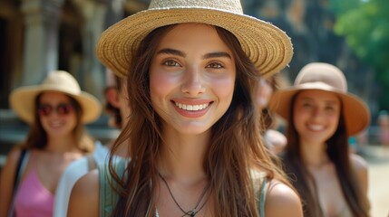 Portrait of smiling young woman wearing hat with friends in summer