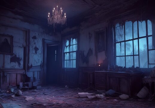 A spooky mansion at night. Spooky staircase with fog and a glowing ghostly apparition. .
