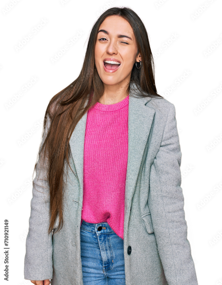 Canvas Prints Young hispanic girl wearing business clothes winking looking at the camera with sexy expression, cheerful and happy face.