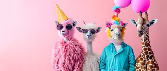 Fototapety  A festive herd of llamas, adorned in colorful party hats and sunglasses, stand tall amongst floating balloons and vibrant party supplies, while a playful pink giraffe joins in on the celebration