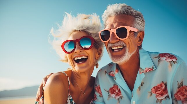 A happy elderly couple is smiling and laughing together.,
