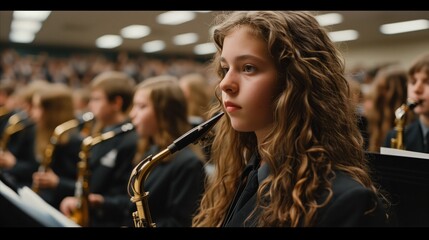Young female musician playing saxophone in school band