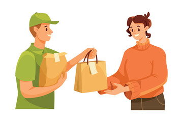 Man Courier Character Give Paper Bag to Woman Client as Food Delivery Service Vector Illustration