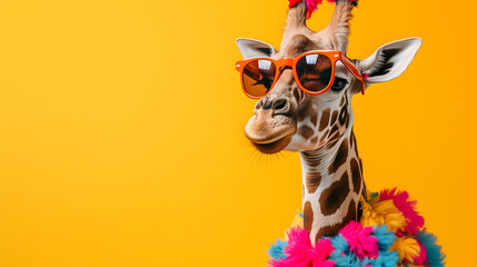 A cool and confident giraffe dons a colorful lei and stylish sunglasses, embodying the spirit of summertime fun and exotic elegance - obrazy, fototapety, plakaty