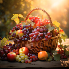 an assortment of fresh fruit placed in a basket, in the style of nature-inspired imagery, verdadism, light orange and dark maroon, applecore, sunrays shine upon it, quantumpunk, Generative AI