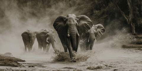 a herd of elephants running from poachers along a river in gray tones, banner poster - obrazy, fototapety, plakaty