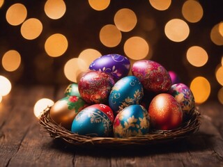 Obraz premium Colorfully decorated Easter eggs on a wooden table
