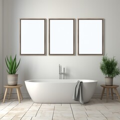 Fototapeta na wymiar Bathroom interior with bathtub and three blank frames on the wall