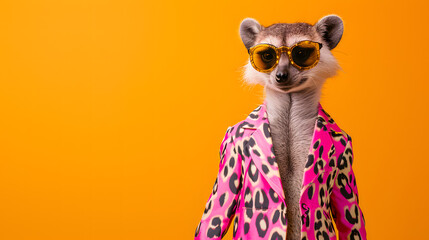 Fototapeta premium A stylish lemur basks in the warm sunlight, sporting a trendy pair of sunglasses and a chic jacket, perfectly embodying the wild and carefree spirit of nature
