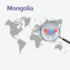 A Magnifying Glass on Mongolia of the World Map, Zoom Mongolia map with a gradient background and Mongolia flag on the map, Vector art