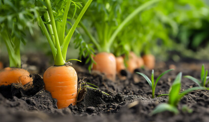 Carrot growing closeup. Close up carrots growing in field. Fresh vegetable plant of carrot.
