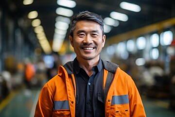 Portrait of a happy Asian male worker in an industrial setting - obrazy, fototapety, plakaty