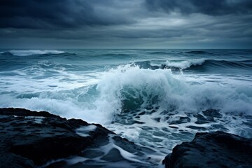 Ocean under cloudy skies with powerful waves, background wallpaper