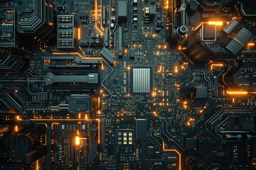Electronic circuit board, computer motherboard with gold backlight. Futuristic design, advanced technologies. Generative AI - obrazy, fototapety, plakaty