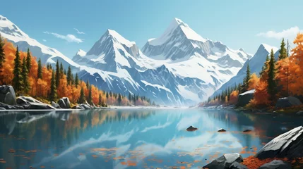 Fotobehang A highly detailed mountainous landscape with a glacial lake reflecting snow-capped peaks - Generative AI © Huzaifa