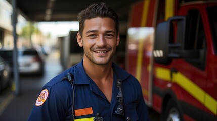 portrait of a smiling firefighter in uniform - obrazy, fototapety, plakaty