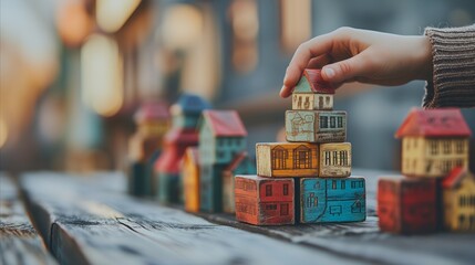 Child stacking colorful wooden block houses on a table
