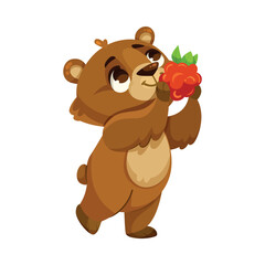 Funny Bear Cub with Cute Snout Hold Raspberry Vector Illustration