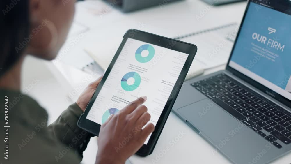 Poster Hands, tablet and woman with seo, screen and monitor progress with chart, strategy and data analysis. Person, scroll and digital touchscreen ux for graph, information and innovation with tech at desk