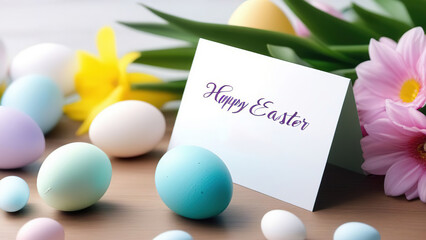 A festive Easter card. Easter eggs, spring flowers and a postcard with the inscription Easter.