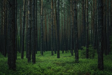 Magic pinewood lawn. Dark toned green forest. Beautiful natural background - obrazy, fototapety, plakaty