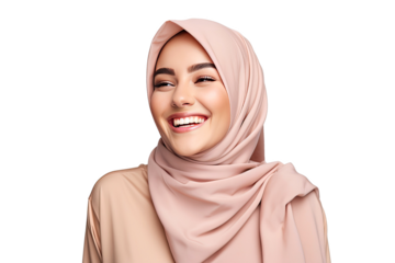 Portrait of young beautiful Muslim woman that wear hijab isolated on white transparent background, Arabian middle eastern religious concept.