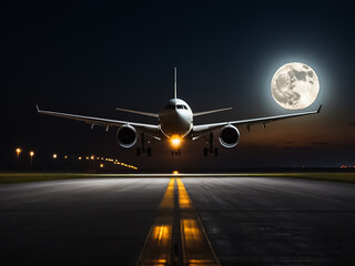 The plane flies over the illuminated runway of the airfield against the backdrop of the moon.