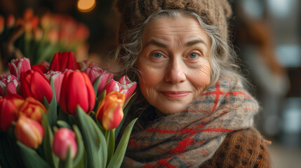 Starsza kobieta ciepło ubrana, zadowolona trzyma bukiet tulipanów. 
