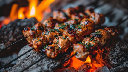 Sizzling chicken skewers on fiery grill close-up for food themes
