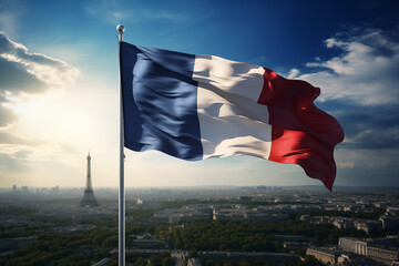 France flag in Paris with the Eiffel Tower. Country: France. Learn French. The country of France. The symbol of France.
