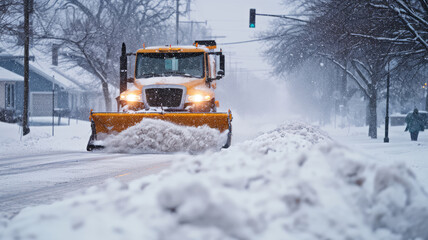 Snow Plow Clearing Residential Streets in a Snowstorm