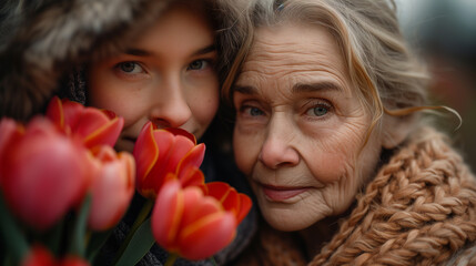 Młoda dziewczyna ze starszą kobietą pozują do zdjęcia z kwiatami.  - obrazy, fototapety, plakaty