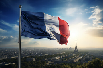 France flag in Paris with the Eiffel Tower. Country: France. Learn French. The country of France. The symbol of France. - obrazy, fototapety, plakaty
