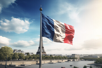 France flag in Paris with the Eiffel Tower. Country: France. Learn French. The country of France. The symbol of France. - obrazy, fototapety, plakaty