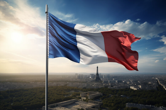 France flag in Paris with the Eiffel Tower. Country: France. Learn French. The country of France. The symbol of France.