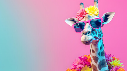 Obraz premium Creative, innovative Animal Design. Giraffe in Chic High-End Fashion, Isolated on a Bright Background for Advertising, with Space for Text. Birthday Party Invitation Banner