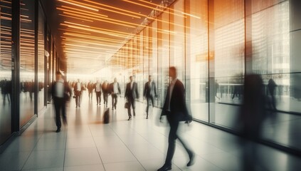 Business professionals walking in a modern office building