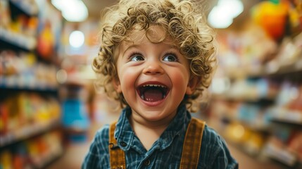 Joyful toddler laughing in grocery store aisle with bright background