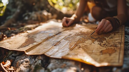 Traveler planning adventure with vintage world map outdoors