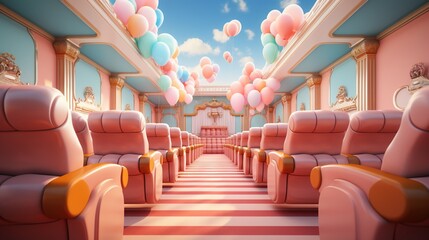 Pink and blue pastel surreal theater with pink leather chairs and colorful balloons