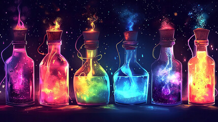 Neon bottles of magic elixir on a black background, sketch illustration. Generated AI