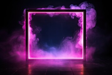 texture of fiery magical neon transparent pink smoke in a square frame. black backdrop