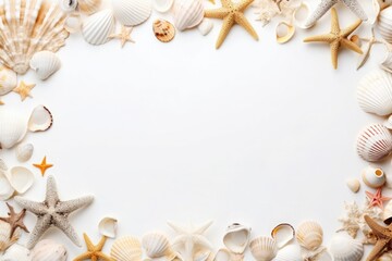 Obraz na płótnie Canvas summer sea concept banner frame with sand shells and starfish. border on a white background.