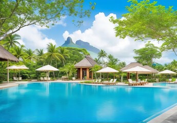 Fototapeta na wymiar Tropical vacations. Luxury resort with gorgeous swimming pool. Mauritius island 