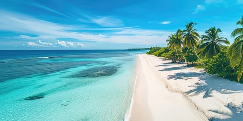 Tropical white sand beach with beautiful seascape on sunny day, drone view