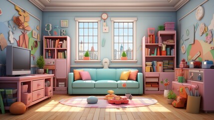A cozy living room with a sofa, rug, and bookshelves